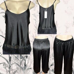 Linea Donatella M Black Satin Crop Fringe Hemline Camisole- Capri Pants PJ Set